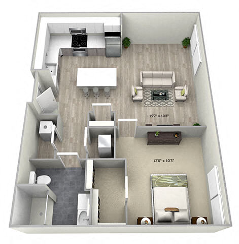 Floor plan for 1 bed, 1 bath, 625 sqft